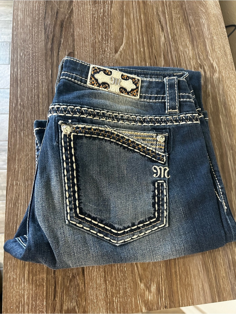 Miss Me Blue Denim Boot Cut Jeans with White Stitching